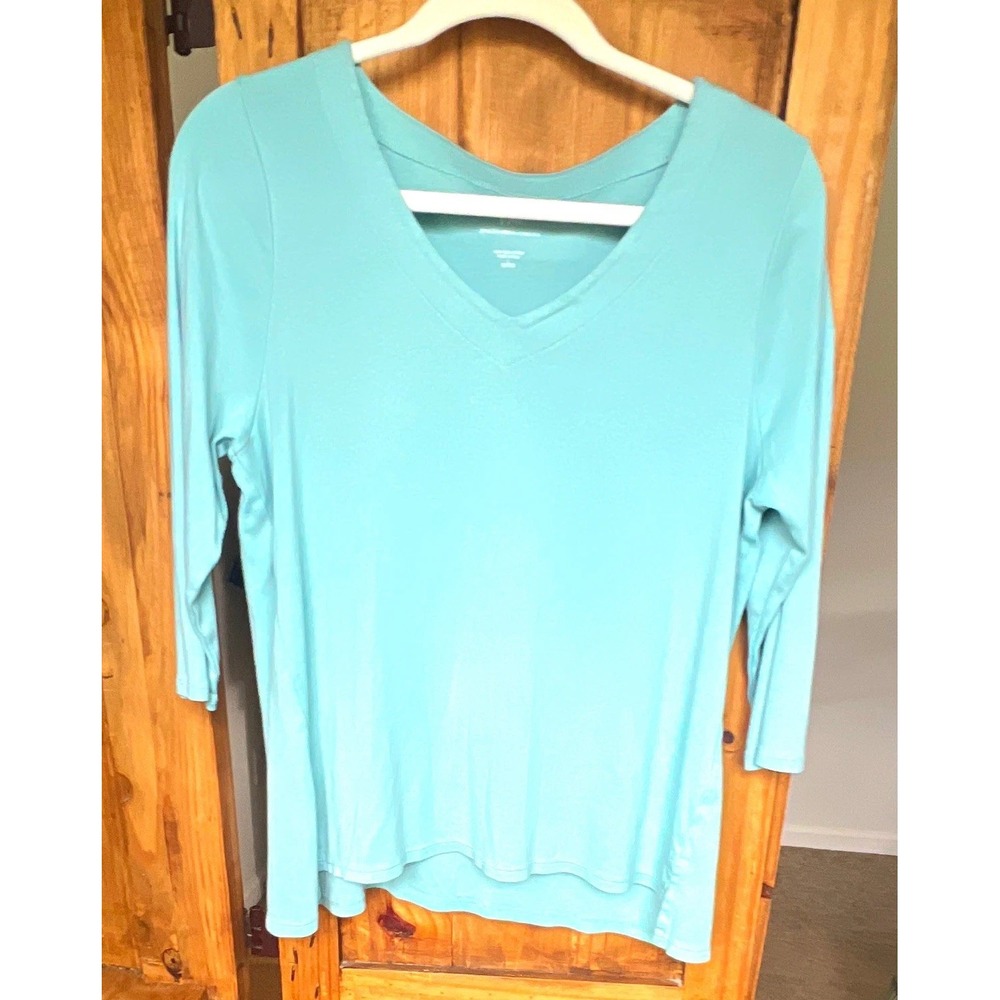 J.Jill Women's 100% Pima Cotton V-Neck 3/4 Sleeve Knit Tee Green PL